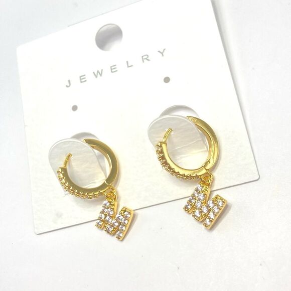 Gold Initial “M” Rhinestone Hoop Earrings - Picture 2 of 3